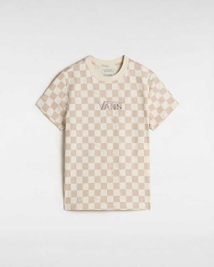 Camiseta Vans Allover Check Crew Feminino Bege | VN2560397