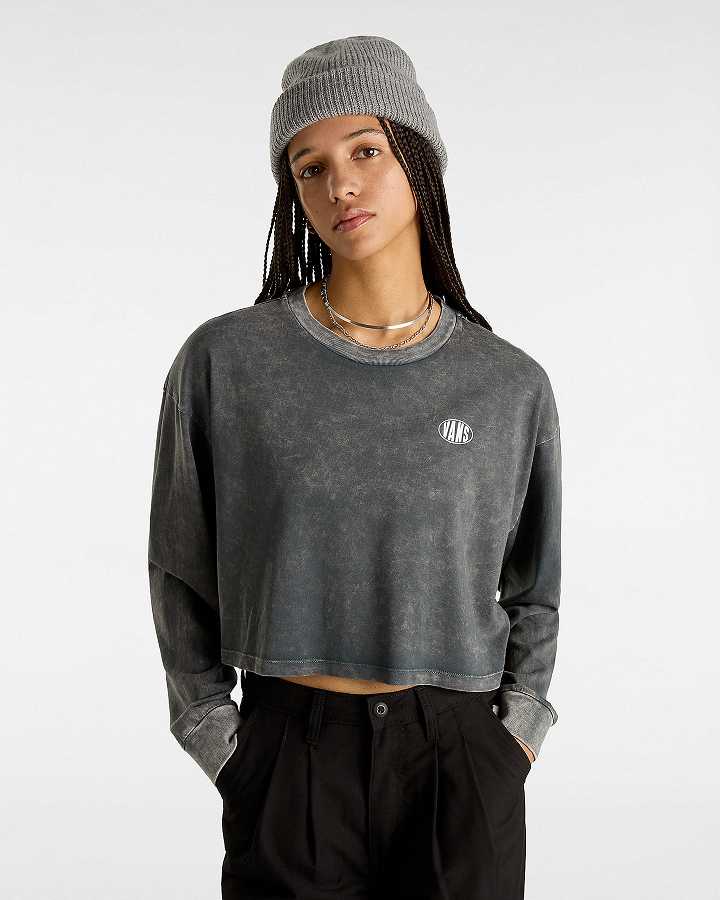 Camiseta Vans Oval Wash Relaxed Long Sleeve Crop Feminino Pretas | VN0489723